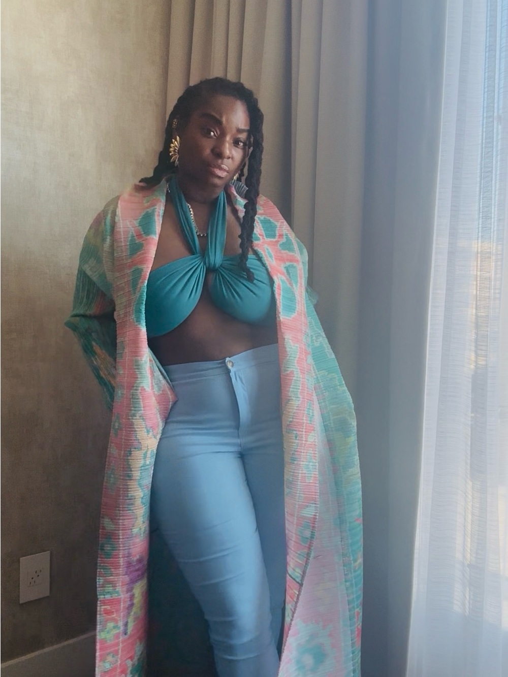 Long Pastel Duster Coat in Mint & Peach - Picture 7 of 11